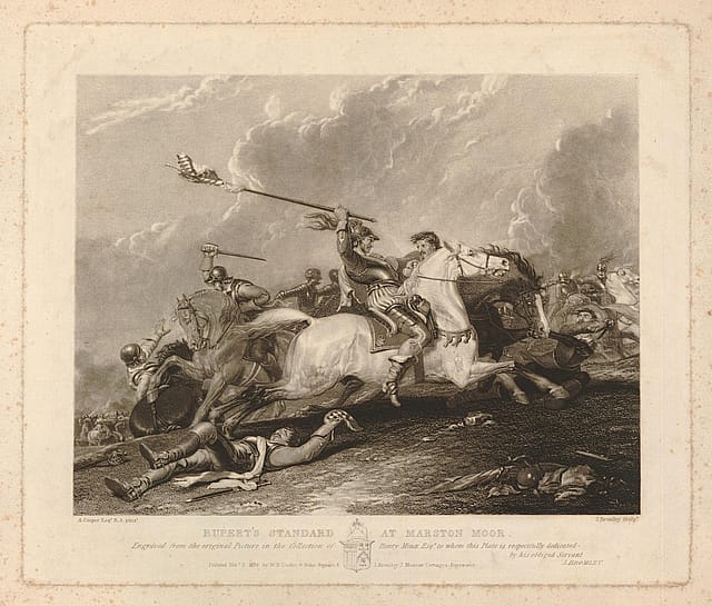 Old print depciting a battle scene - a man on horseback is charging towards unseen figures.