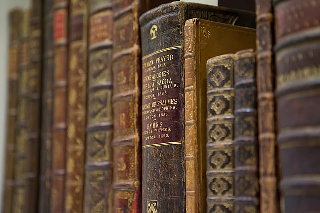 Photograph of books on a shelf.