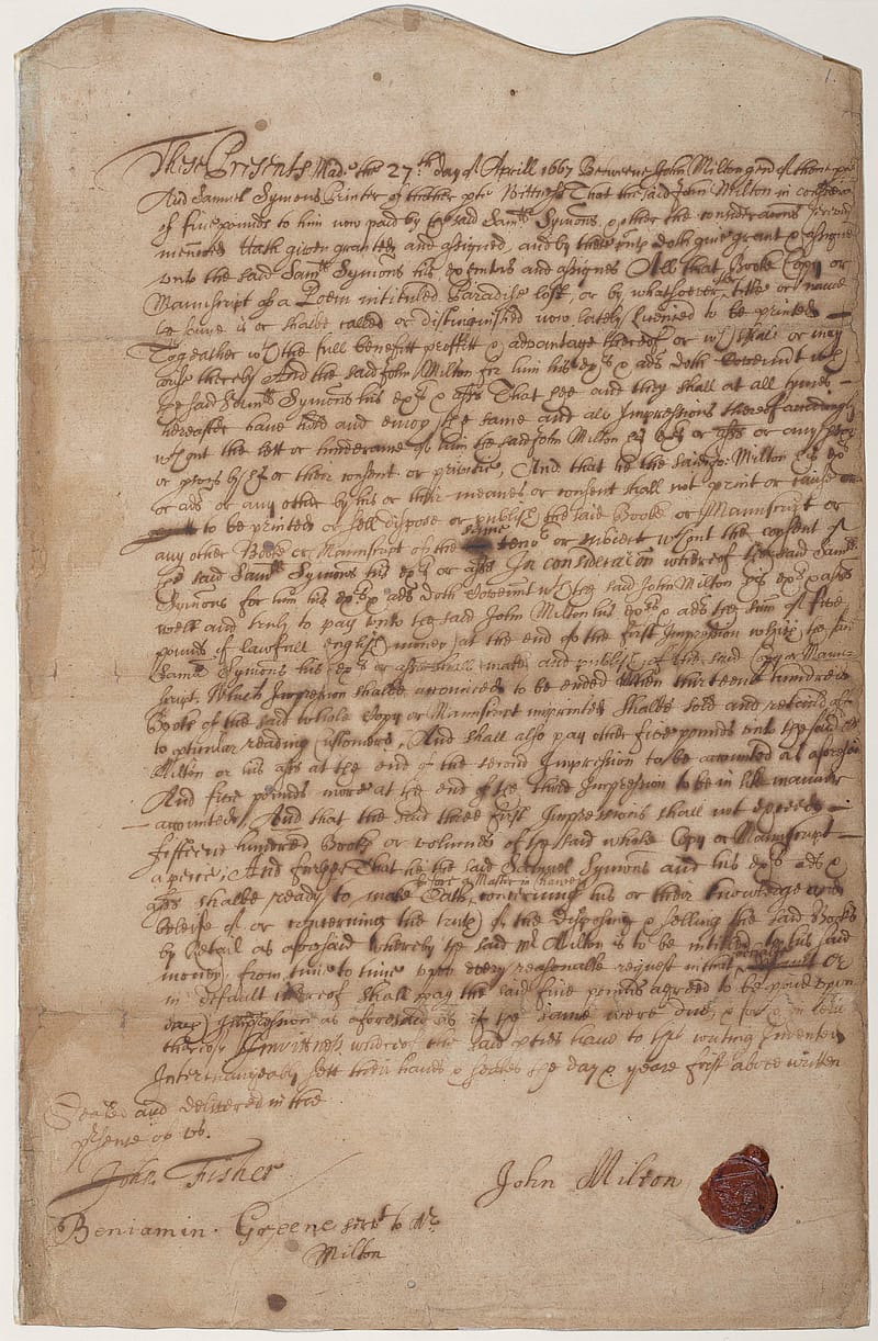 Old, discoloured document filled with writing in a neat, elegant hand. At the bottom of the document there is a red wax seal.