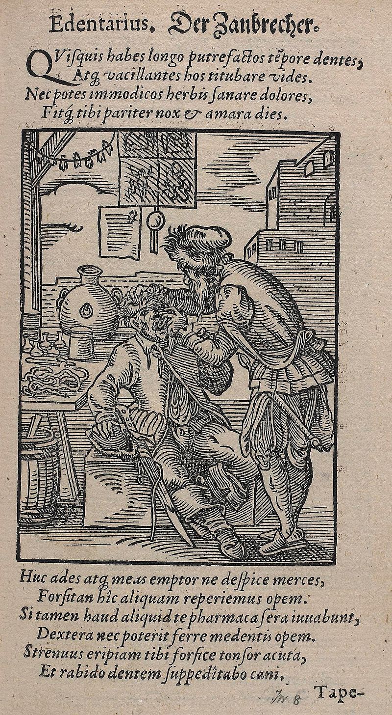 Page from an old book with lines of printed text and an engraving showing an exterior with a dentist looking into the mouth of a man who sits on a bench.