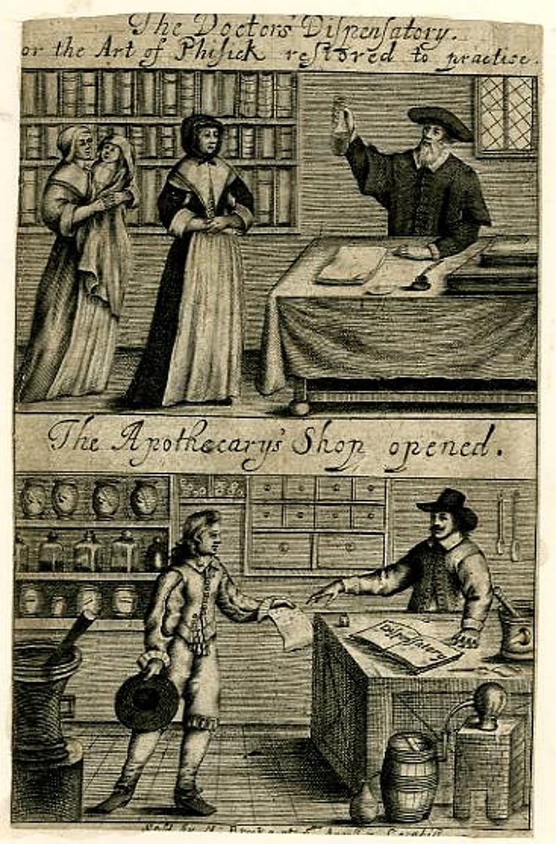 Engraving of two scenes at an apothecary. In the top scene, an apothecarist serves two women – one carrying a small child – from behind a counter. In the bottom scene, a different apothecarist serves a man.