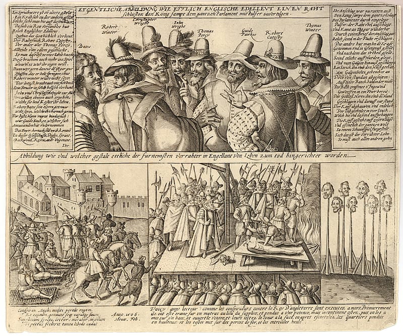 An engaving with four windows each depcicting an event related to the Gunpowder Plot.