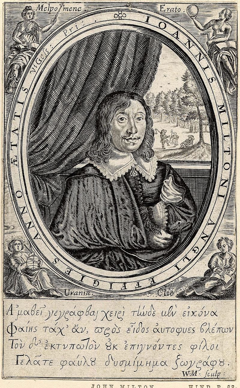 A half-portrait engraving of a man within a decorative, oval border. The man has long, wavy hair and is wearing a white, lace collar with black button-up robes.