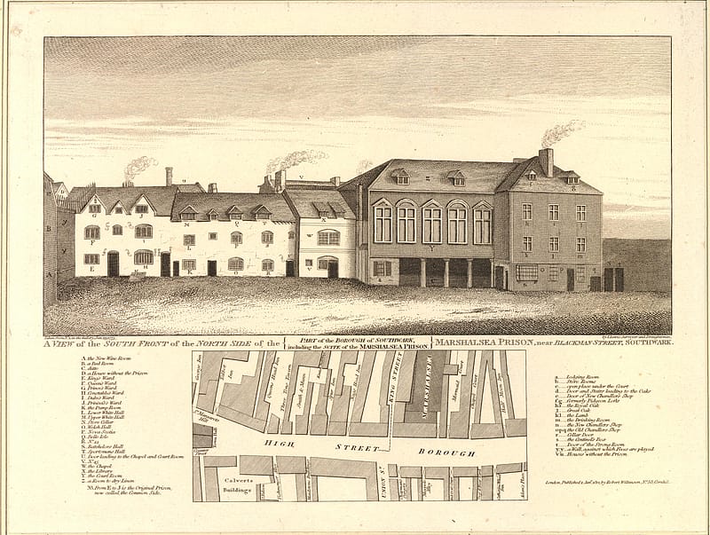 Engaving of a large, old building with big windows and a chimney. Attached to the structure is a smaller building with bars on its windows. Beneath this engraving is an engraving of a street map with a legend.