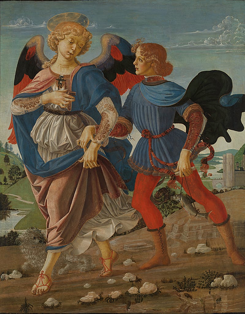 Old painting of an angel and a man in a landscpape. Beneath them there is a small, white dog.