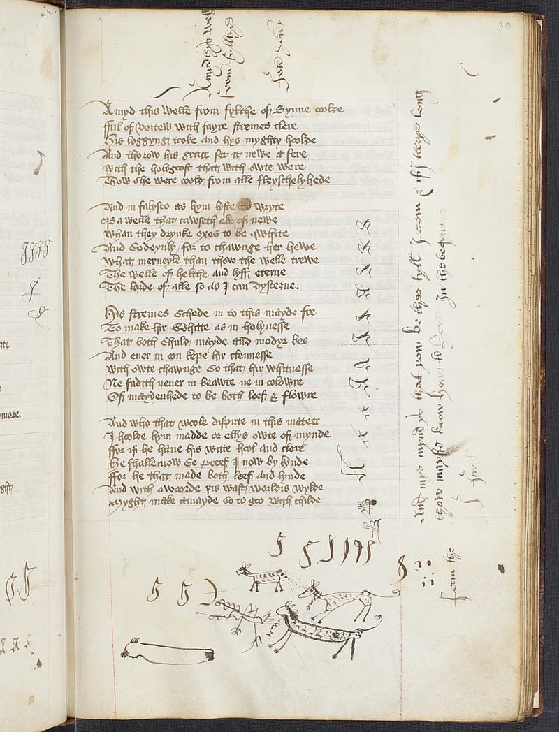 Page from old book with hand-drawn markings including doodles of dogs. The dogs have long bodies and spots.