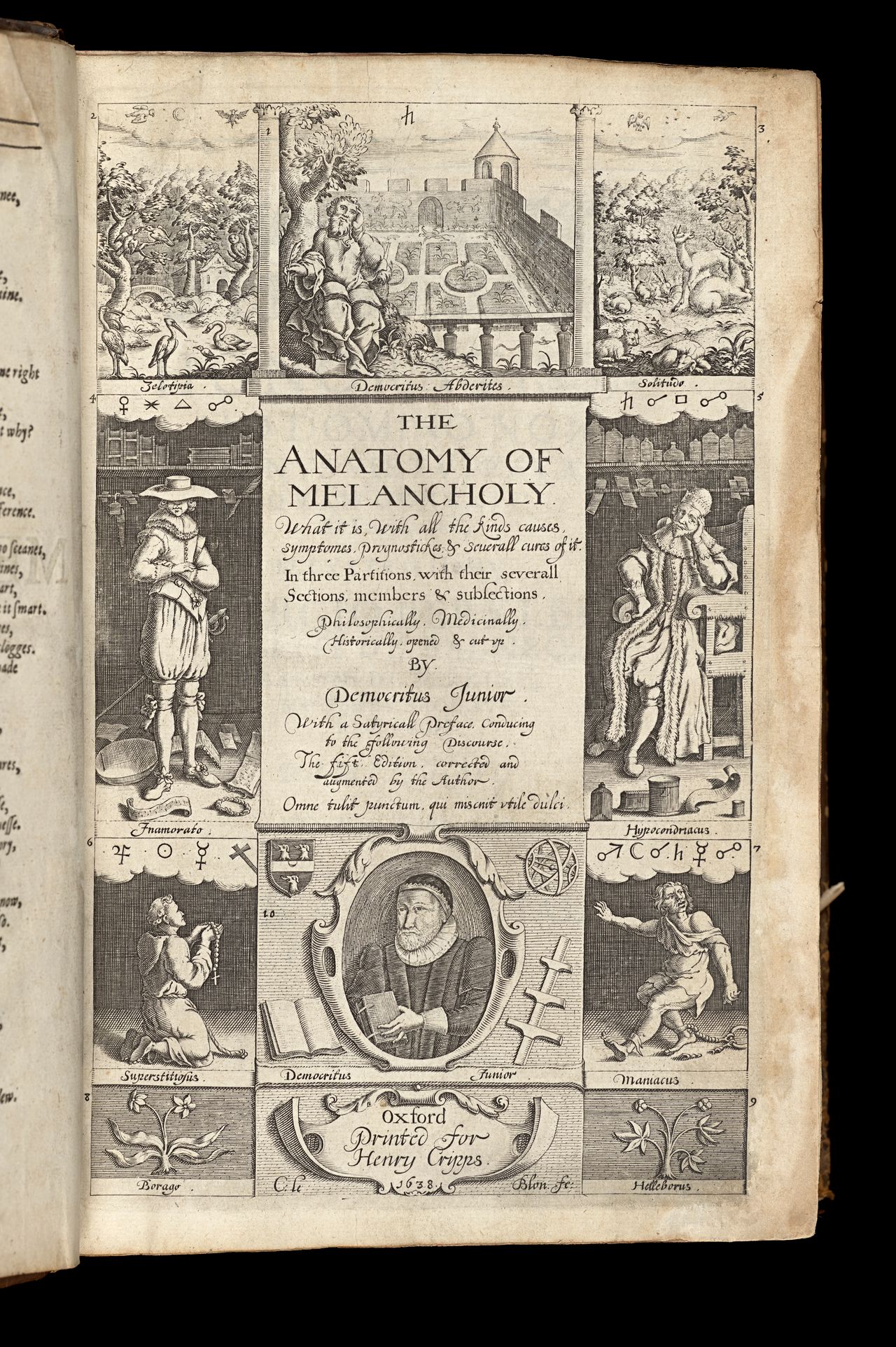 Robert Burton, <em>The anatomy of melancholy...</em>, fifth edition, Edinburgh, printed [by Robert Young, Edinburgh, 1635?; London, Miles Flesher, London, 1638; Oxford, Leonard Lichfield and William Turner for Henry Cripps, 1638, State Library, Victoria, Melbourne (RAREEMM 251/3)