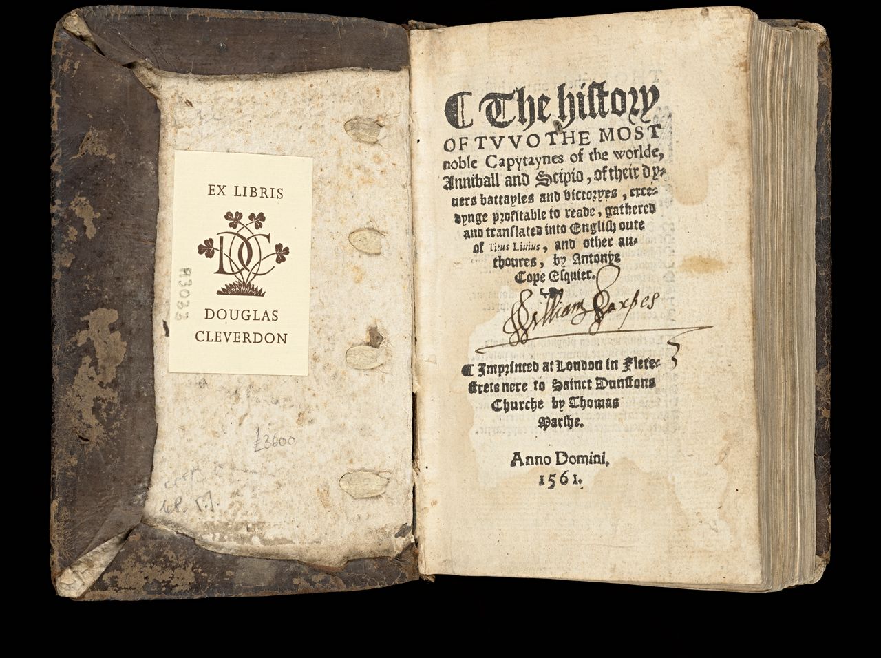 Livy and others, <em>The history of tvvo the most noble capytaynes of the worlde, Anniball and Scipio, of their dyuers battayles and victoryes</em>, translated by by Antonye Cope, London, in Fletestrete nere to Sainct Dunstons Churche by Thomas Marshe, 1561, State Library Victoria, Melbourne (RAREEMM 114/1)