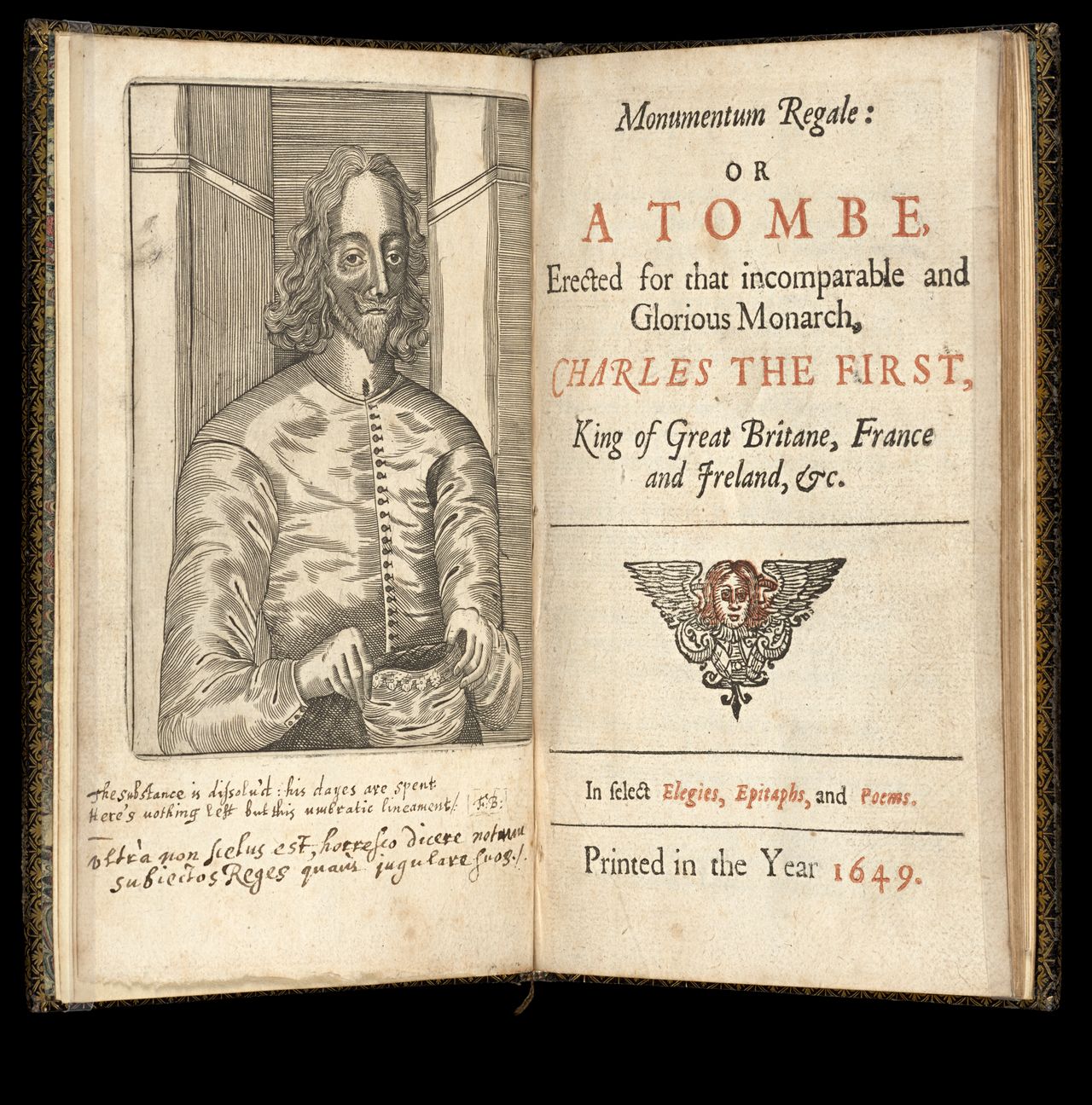 <em>Monumentum regale: or A tombe, erected for that incomparable and glorious monarch, Charles the First, King of Great Britane, France and Ireland, &c. In select elegies, epitaphs, and poems.</em> 1649, State Library Victoria, Melbourne (RAREEMM 115/17)